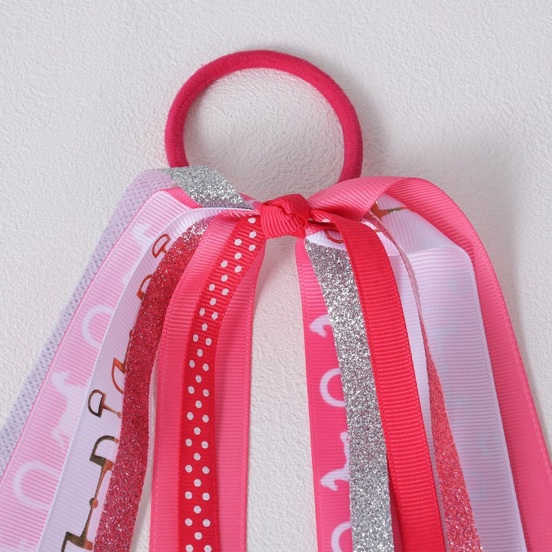 KCHIES 8.7" Equestrian Ponytail Streamer Gift Glitter Pink White Horse Racing Ribbon Elastic Hair Bow Tie Holder for Women Girls Horse Back Riding Competition Shows Game Day Decor Accessory - Image 3